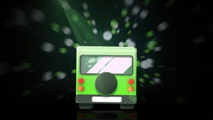 Cartoon bus moving on black background. Motion. Animation of bus running on background of stream of balls and darkness. Bus rides in center with stream of balls and beam of light on black background