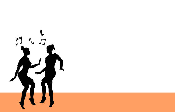 Two women silhouettes dancing on the dance floor