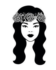 Beautiful woman silhouette with flowers in the hair. Vector illustration