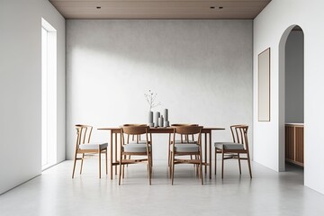 Long wooden dining room table with wooden chairs standing in an empty white room corner. mock up. Generative AI