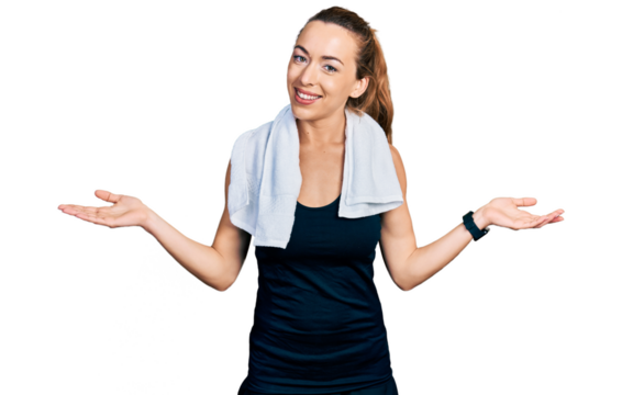 Young caucasian woman wearing sportswear and towel smiling showing both hands open palms, presenting and advertising comparison and balance