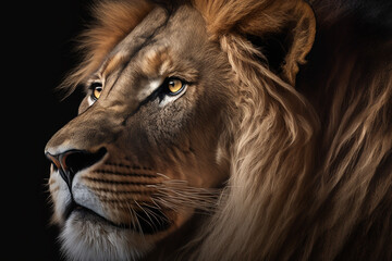 Animal photography lion hasselblad, close up, dark professional background banner or header with cinematic lightning.