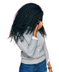 Middle age african american woman wearing casual clothes tired rubbing nose and eyes feeling fatigue and headache. stress and frustration concept.