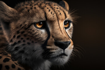 Animal photography cheetah hasselblad, close up, dark professional background banner or header with cinematic lightning.