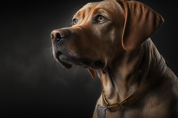 Animal photography dog hasselblad, close up, dark professional background banner or header with cinematic lightning.