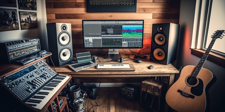 Home recording studio with various instruments microphones and mixing equipment, concept of Audio Mastering, created with Generative AI technology
