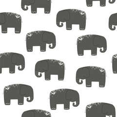Seamless pattern with grey textured elephants. Cute childish print. Vector hand drawn illustration.