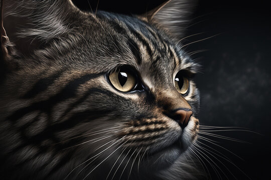 Animal photography cat hasselblad, close up, dark professional background banner or header with cinematic lightning.