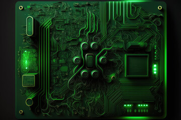 Fototapeta premium Shimmering Neon Green Circuit Board on a Black Background, generative ai