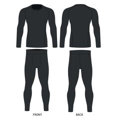 Technical drawing of a men's suit made of gray colored stretch fabric, vector. Superman costume, vector drawing. Long sleeve and leggings sketch for men, front and back view.