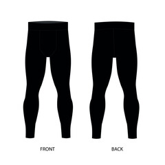 Drawing of sports men's leggings, front and back view. Black men's leggings template, vector. Stretch fabric men's sweatpants sketch, vector.