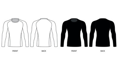 A set of drawings of a men's sports sweatshirt in white and black. Vector template of male rash guard front and back view. Sketch of a sports sweatshirt with long sleeves made of stretch fabric.