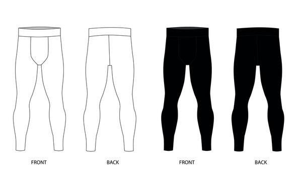 Outline drawing of men's leggings, front and back view. Vector template of men's sports running pants made of stretch fabric. Technical drawing of compression leggings for men. Sketch of men's joggers