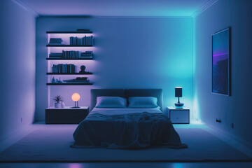 Smart bedroom with voice-controlled lighting, temperature, and security system, generative ai