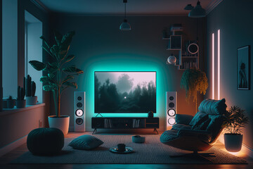 Smart living room with voice-activated entertainment system and ambient lighting, generative ai