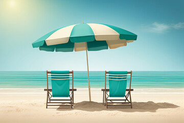 Tropical beach with ocean background banner, parasol and lounge chairs, minimal with copy space for text, for travel and tourism advertisement purposes.