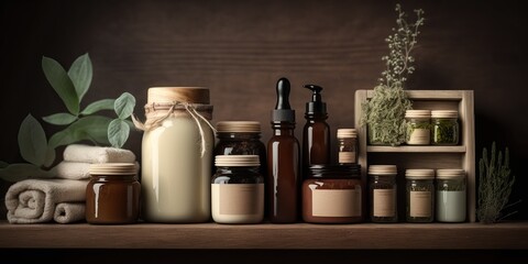 Homemade natural skincare products made with organic ingredients and displayed on wooden shelf, concept of Organic Skincare and DIY Skincare, created with Generative AI technology