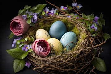 Obraz na płótnie Canvas Happy Easter concept with easter eggs in the nest and spring flowers. basket, eggs, spring, decoration, Generative, AI, celebration nest