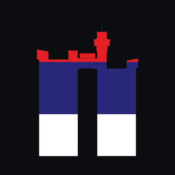 Belgrade, Serbia. Western City Gate, also known as the Genex Tower in the brutalist style.
One of the symbol of Beograd. Beograd Western Gate. Silhouette of building. Serbian flag.