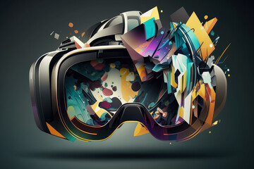 The Future of Gaming virtual reality headset displaying futuristic, abstract geometric shapes in a galactic setting, generative ai