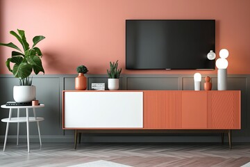 Cabinet TV in modern room with decoration on wooden living coral color wall background,. Generative AI