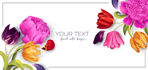 Spring banner with blooming spring flowers. Pink Peonies, yellow, purple, red tulips. Place for text. Banner for social networks, outdoor advertising. Highly realistic flowers, png
