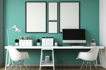 Mockup of a desk area or home office with two empty picture frames, a Scandinavian desk, a chair, and accessories, as well as a teal wall. Generative AI