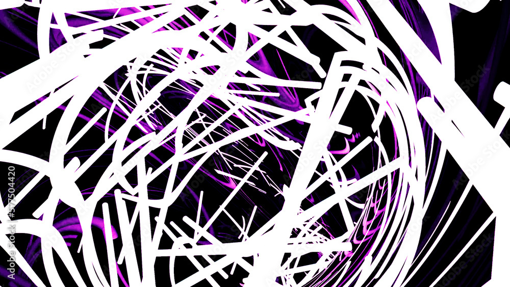 Poster black background. design. red and purple circles in animation that fly in different directions as if