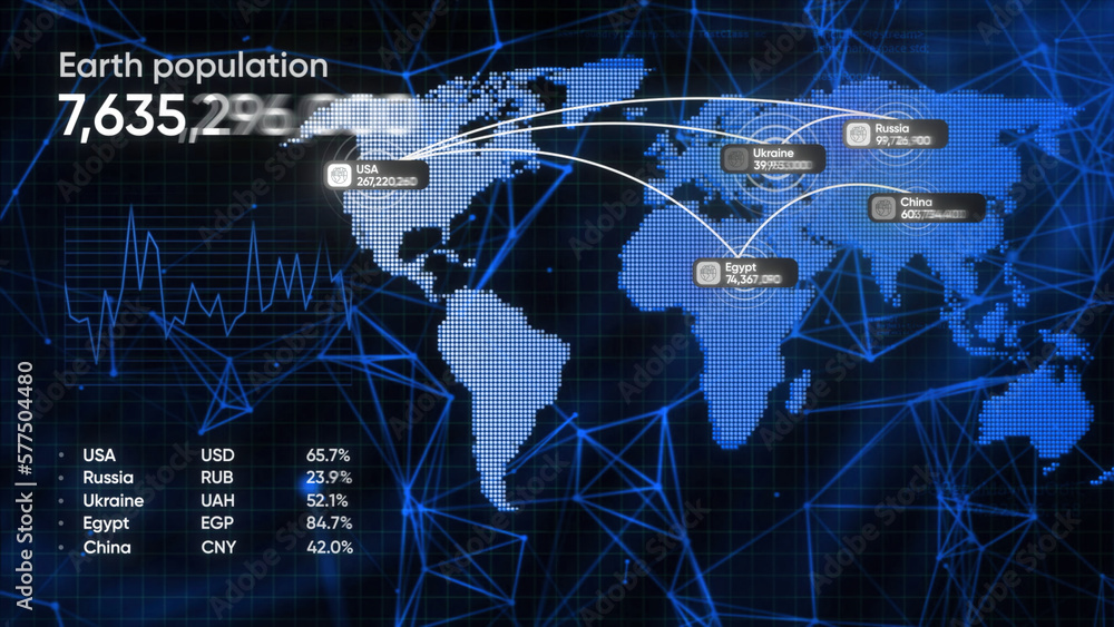 Poster technological animation with world map and numbers. motion. the population of earth on technological
