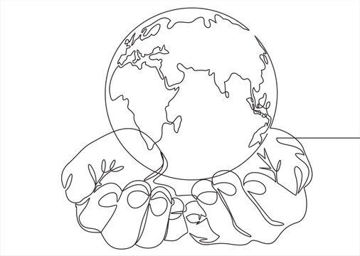 continuous line drawing of two hands holding the globe on the palm of the hand on a white background black map color. holding the globe isolated on a white background