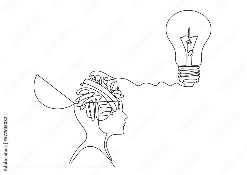 Poster continuous one drawn line of a man thinking with light bulb in front of his head. allegory of soluti
