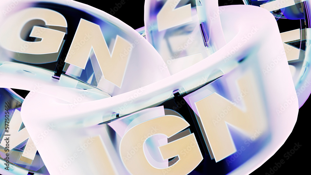 Poster background in 3d animation. design. the ribbon is purple and yellow with large english letters movin
