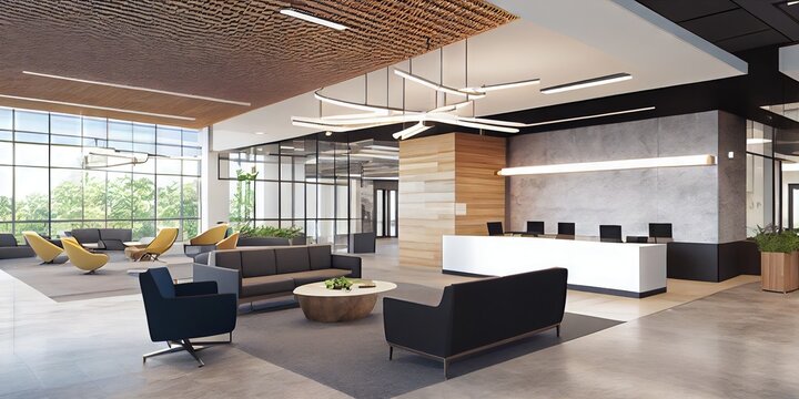 Modern Office Lobby And Reception Area With Reception Desk And Woodgrain Finish. Clean And Professional Business Front Office Setting