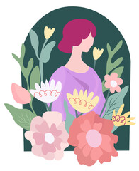 Happy women day, portrait of a woman with flowers and leaves. Spring flowering. Greeting cards are ideal for banners, cards, posters, postcards. Vector graphic.