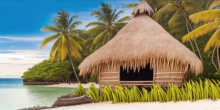 straw hut on a tropical beach - landscape exterior image with a sandy beach and palm trees. Photorealistic environment by generative AI