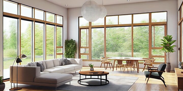 Modern Living Room With Large Windows Bathing The Room In Natural Outdoor Light. Interior Design Is Modern With Minimalist Touches And Clean Furniture. Generative AI