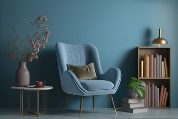 Living Room interior with velvet armchair with books on blue wall background. . Generative AI