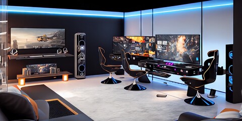 Gaming den - interior esports den with RGB colors for a bright and cutting edge set  for gamers. generative AI - obrazy, fototapety, plakaty