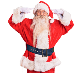 Old senior man with grey hair and long beard wearing traditional santa claus costume smiling pointing to head with both hands finger, great idea or thought, good memory