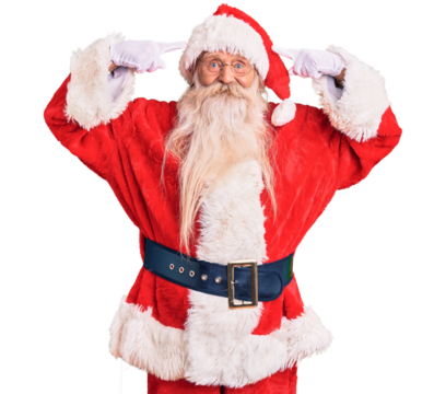 Old senior man with grey hair and long beard wearing traditional santa claus costume smiling pointing to head with both hands finger, great idea or thought, good memory
