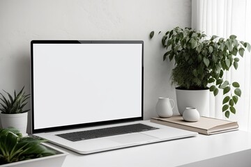 Blank modern laptop screen mockup in minimalistic interior design for displaying your website or advertising internet services. Generative AI