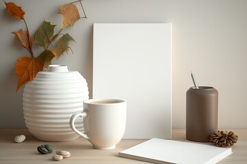 Blank greeting cards mockups mockups taped on white wall.Vase with dry lunaria, honesty plant and white pumpkins. Office desk with pencils in ceramic holder, old books and cup of coffee. Interior