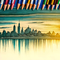 City skyline buildings with sunset in the background. Color crayons sketch. AI generated illustration