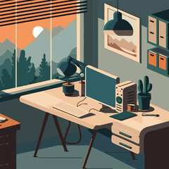 Office, room with work desk, computer. Window. Vector stock illustration eps10.