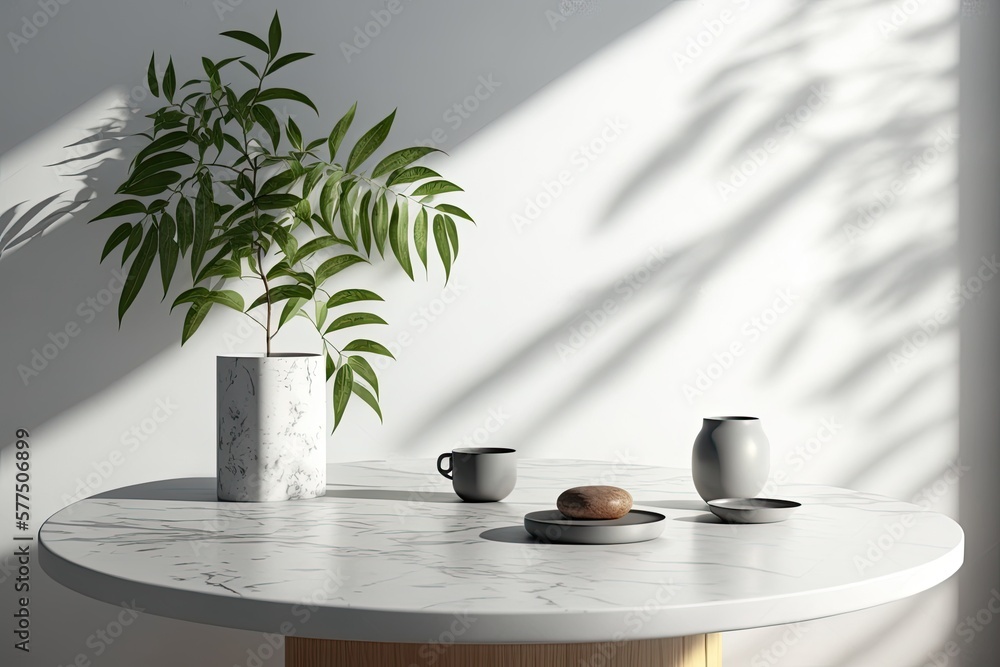 Aufkleber for a mockup product presentation, a marble table with a tree shadow drop is displayed against a whi