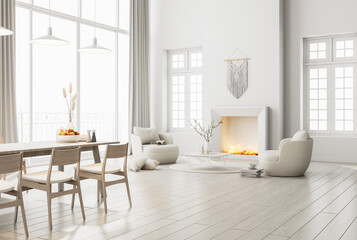 Fototapeta na wymiar Minimal style white living and dining room Furnished with a modern fireplace with flames 3d render The room has a parquet floor and white door overlooking terrace and bright background