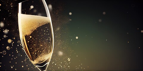 a glass of champagne with gold background of a blurry image of lights and bokeh. Generative AI - obrazy, fototapety, plakaty