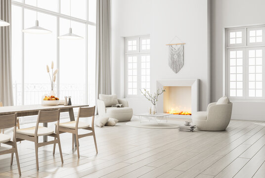 Minimal style white living and dining  room Furnished with a modern fireplace with flames 3d render The room has a parquet floor and white door overlooking terrace and bright background