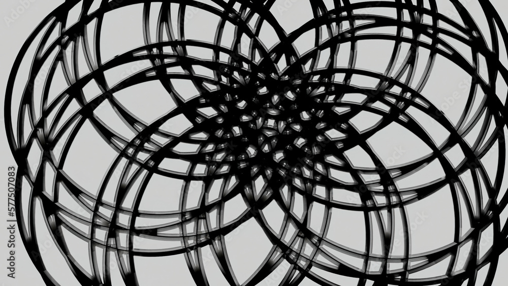 Poster white background. motion.black patterns of circles in the animation that connect and get a kaleidosc