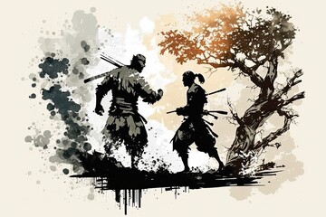 Wall art, wallpaper frame art, painting, martial arts, japanese culture, samurai, aikido, duell, AI generated art